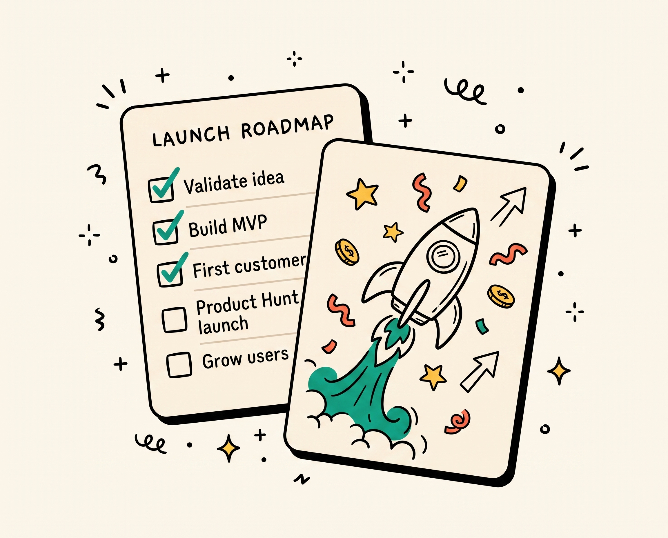 Hand-drawn launch roadmap checklist and rocket taking off
